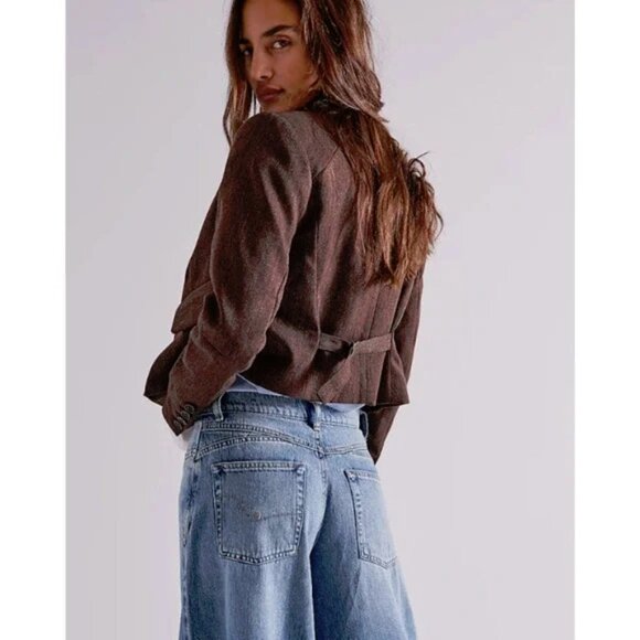 Free People Betty Duoro Herringbone Crop Double Breasted Jacket M - Picture 2 of 14